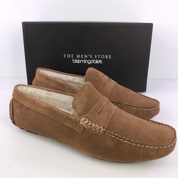The Men's Store at Bloomingdale's Shearling Slippers Tan/Natural Suede Loafers - Picture 1 of 9
